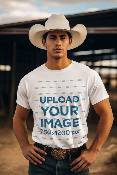 Western-Themed Mockup of a Man Wearing a Crewneck T-Shirt and a Cowboy Hat