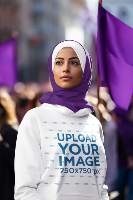 Hoodie Mockup of an AI-Generated Woman Wearing a Hijab at a Women's Day March