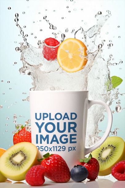 Mockup of an AI-Generated Mug Featuring Splashing Water and Healthy Fruit