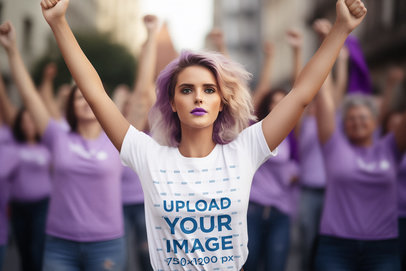 T-Shirt Mockup of an AI-Created Woman with Her Arms Up for International Women's Day