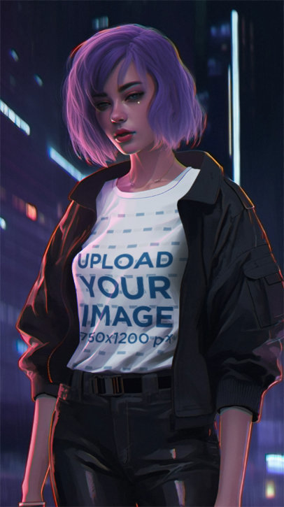 T-Shirt Mockup Featuring a Female Character Illustration with Purple Hair m33888