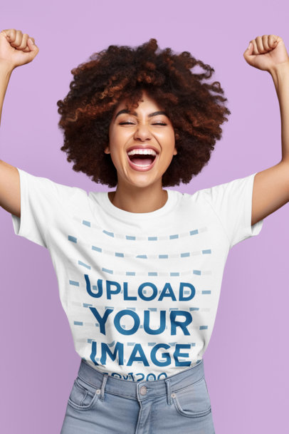 T-Shirt Mockup of an AI-Generated Woman with Afro Hair Cheering for Women's Day