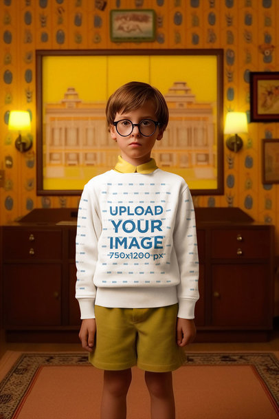 Crewneck Sweatshirt Mockup of an AI-Created Boy Inspired by The Royal Tenenbaums