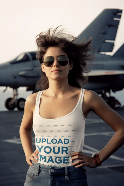 Tank Top Mockup of an AI-Generated Female Fighter Pilot with a Jet in the Background m34057