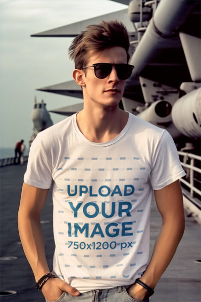 Movie-Inspired T-Shirt Mockup of an AI-Generated Man Wearing Sunglasses