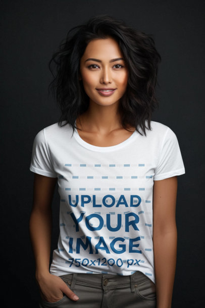 Round-Neck T-Shirt Mockup of an AI-Generated Woman Posing With a Smile for Women's Day