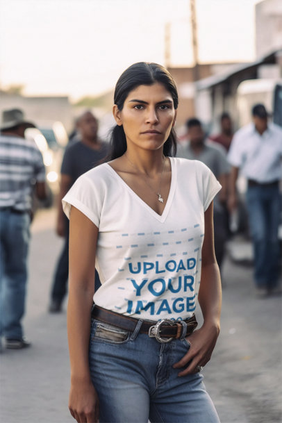 Western-Themed Mockup of a Woman Wearing a Deep V-Neck T-Shirt on a Street m33698
