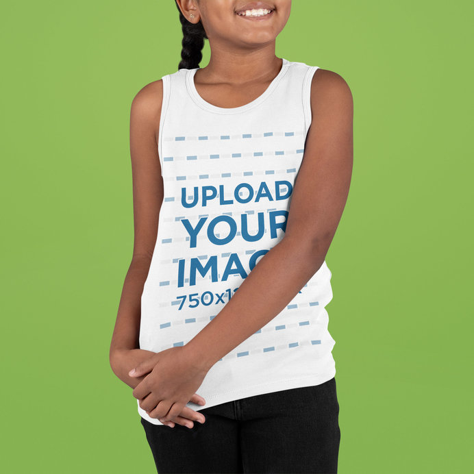 Mockup of a Smiling Girl Wearing a Tank Top in a Studio