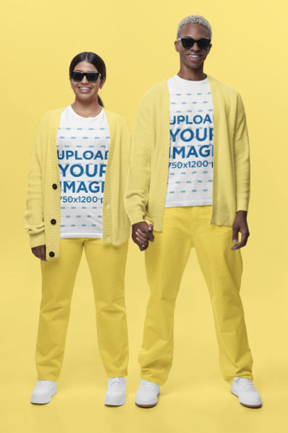 Gender-Neutral-Style Mockup of a Couple in Bella Canvas T-Shirts Holding Hands