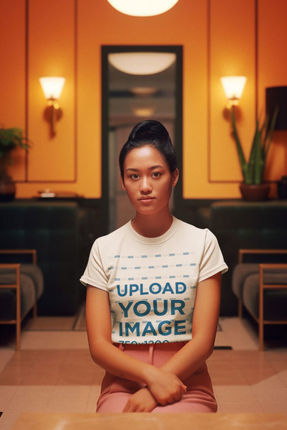 Movie-Inspired Crewneck T-Shirt Mockup of a Woman Sitting in a Hotel Lobby  m33905