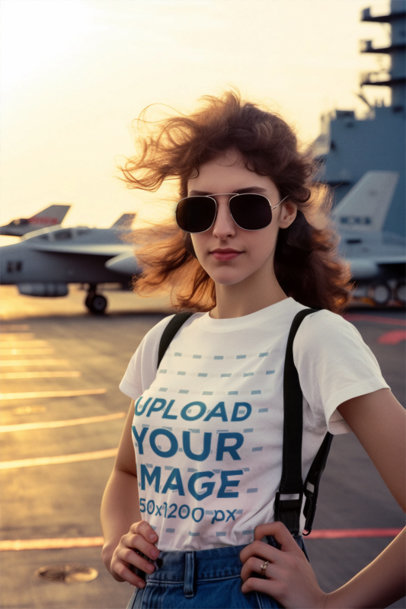 T-Shirt Mockup of an AI-Created Female Fighter Pilot Inspired by a Retro Movie