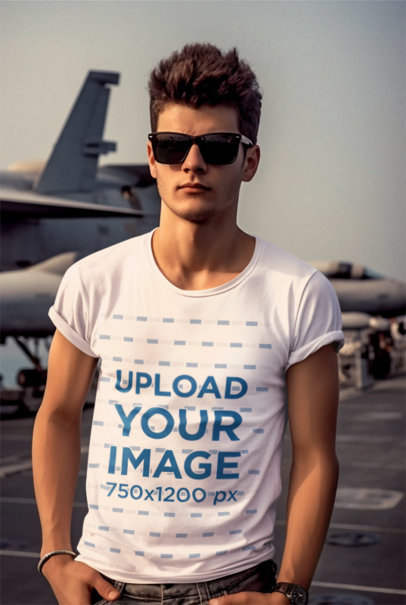 Top Gun-Inspired Mockup Featuring an AI-Generated Man Wearing a T-Shirt m34051