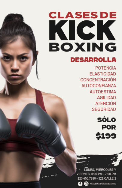 Flyer Design Creator with an AI-Created Female Boxer for Kickboxing Lessons ed-6814g