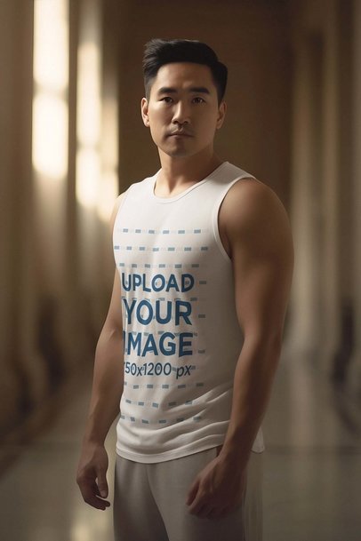 Tank Top Mockup Featuring a Serious Man Posing in a James Bond-Inspired Setting m33855