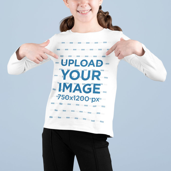 Mockup of a Smiling Cropped-Face Girl Ponting at Her Long-Sleeve Tee