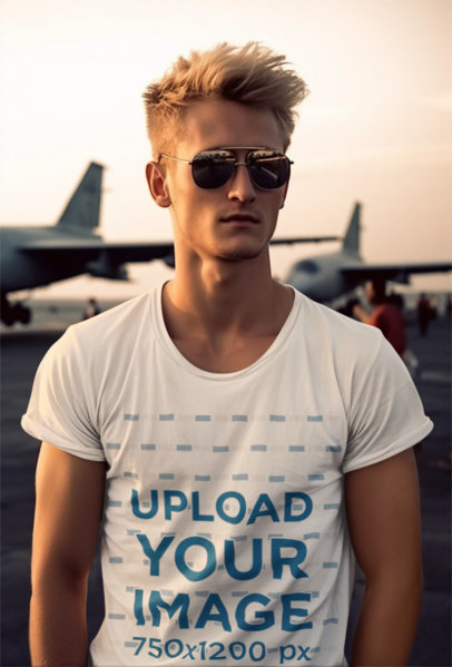 Movie-Inspired Mockup of a Man Wearing a T-Shirt with a Fighter Jet in the Background m34053