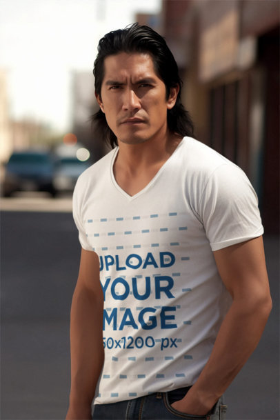 V-Neck T-Shirt Mockup Featuring an AI-Created Man Inspired by a Western Film m33699