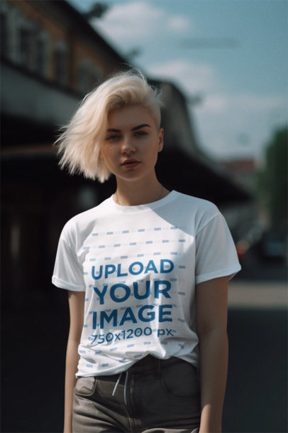 Round-Neck Tee Mockup Featuring an AI-Created Woman With a Movie Vibes Aesthetic