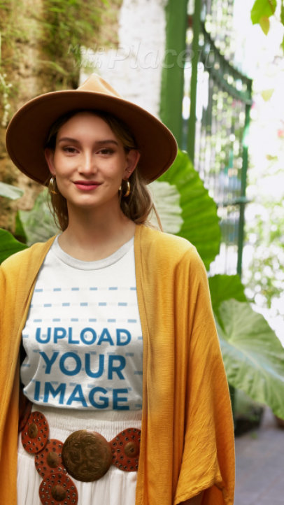 Bella Canvas T-Shirt Video Featuring a Happy Woman in a Boho-Aesthetic Outfit