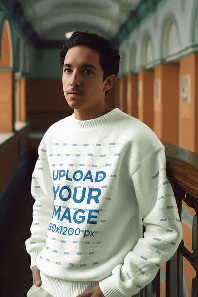 Movie-Aesthetic Mockup of a Man Wearing a Rounded-Neck Sweatshirt in a Hallway m33909
