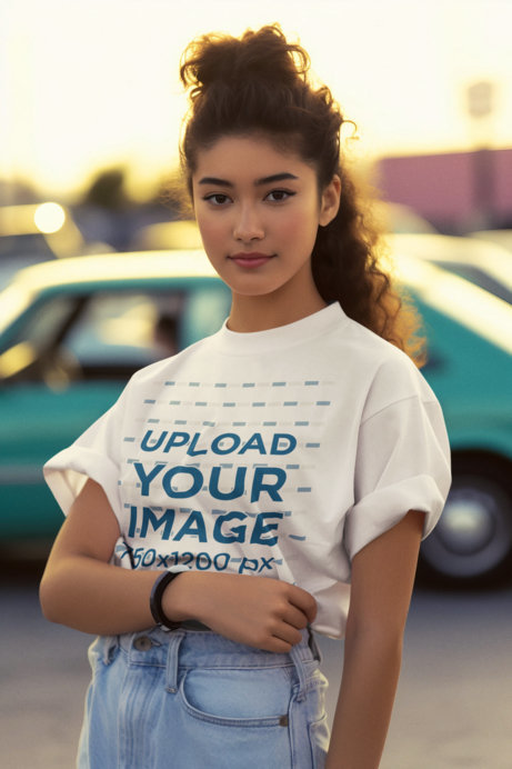 T-Shirt Mockup Featuring an AI-Created Woman With Curly Hair Posing Against a Car