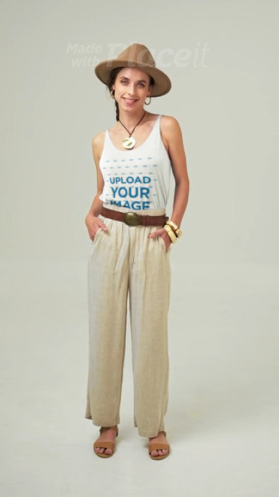 Bella Canvas Tank Top Video of a Woman Posing in a Studio with a Boho-Inspired Look