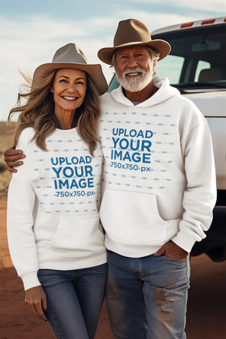 Western-Aesthetic Pullover Hoodie Mockup Featuring a Happy Couple at a Ranch