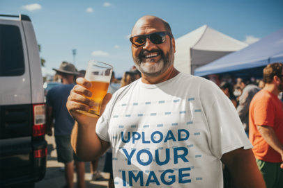 Plus Size T-Shirt Mockup of a Bearded Man Holding a Beer at a Tailgate Party