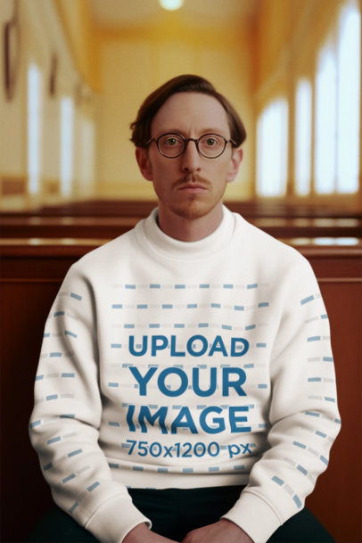 Movie-Inspired Mockup of a Man Wearing a Sweatshirt While Sitting Inside a Chapel m33913