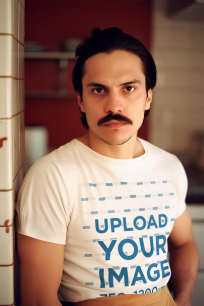 Movie-Inspired T-Shirt Mockup of a Man with a Mustache Looking Directly at the Camera