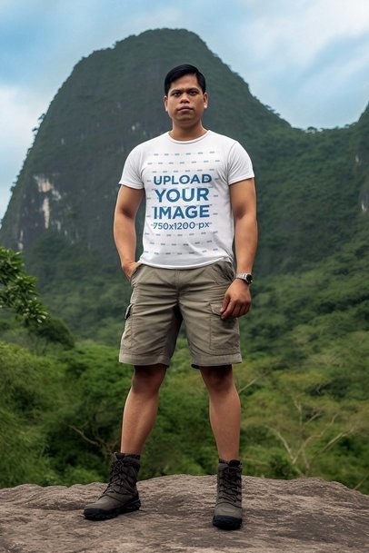 Jurassic Park-Inspired Mockup of an AI-Generated Man Wearing a T-Shirt by a Mountain