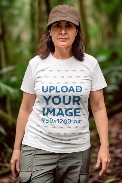 T-Shirt Mockup of a Woman Wearing a Crewneck T-Shirt in the Jungle