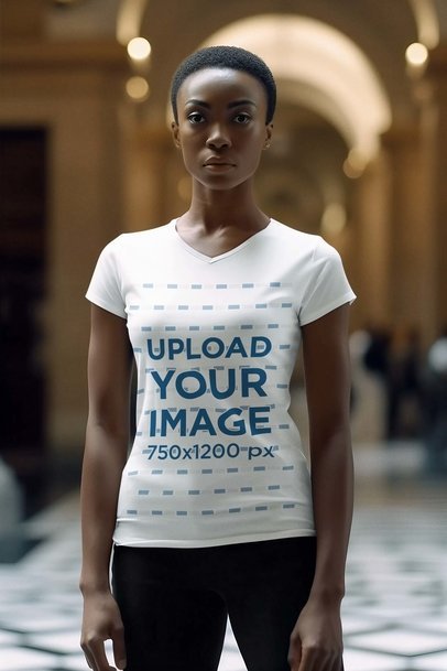 V-Neck Tee Mockup Featuring an AI-Generated Woman with Short Hair 