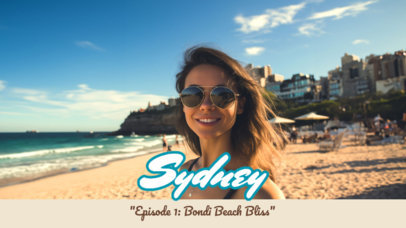 YouTube Thumbnail Template for Sydney Travel Vlog with an AI-Created Woman on the Beach