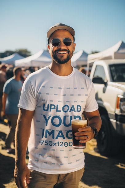 Crewneck Tee Mockup of an AI-Generated Man with Sunglasses at a Tailgate Party