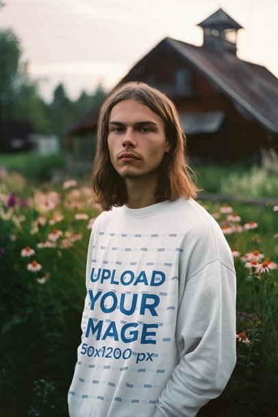 Mockup of an AI-Created Man with Long Hair Wearing a Crewneck Sweatshirt on a Garden
