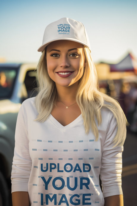 V-Neck Tee Mockup Featuring a Woman Wearing a Dad Hat at a Tailgate Party