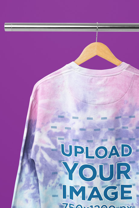 Mockup of a Colortone Tie-Dye Sweatshirt Placed on a Wooden Hanger