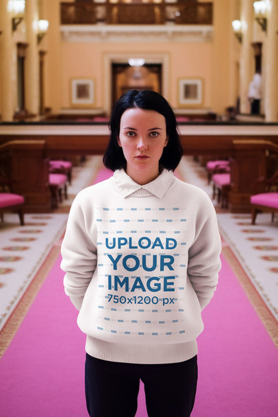 Movie-Inspired Mockup of a Woman Wearing a Sweatshirt in a Hotel Lobby m33911