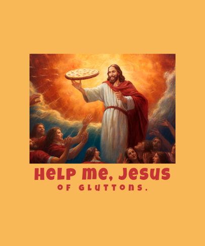 T-Shirt Design Template Featuring an Illustration of Jesus with a Floating Pizza