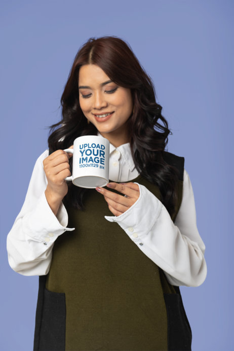 Mockup of a Smiling Woman Holding a Sublimated 11 Oz Coffee Mug