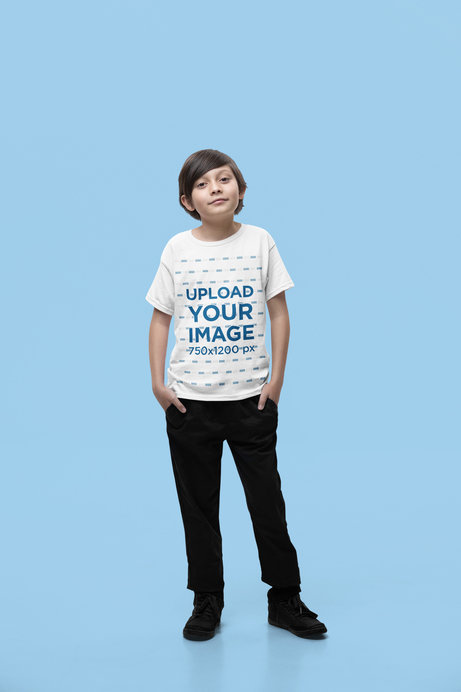 Mockup of a Boy Wearing a Crewneck Gildan T-Shirt in a Studio