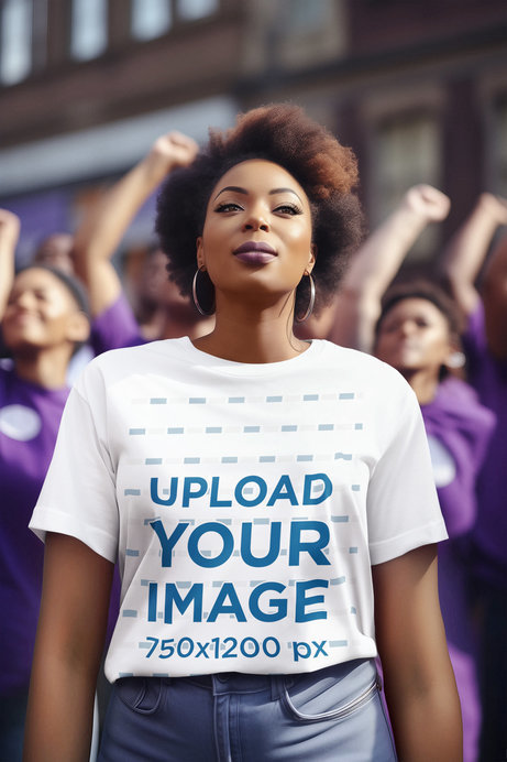 Crewneck Tee Mockup Featuring an AI-Created Woman Marching for Women's Day