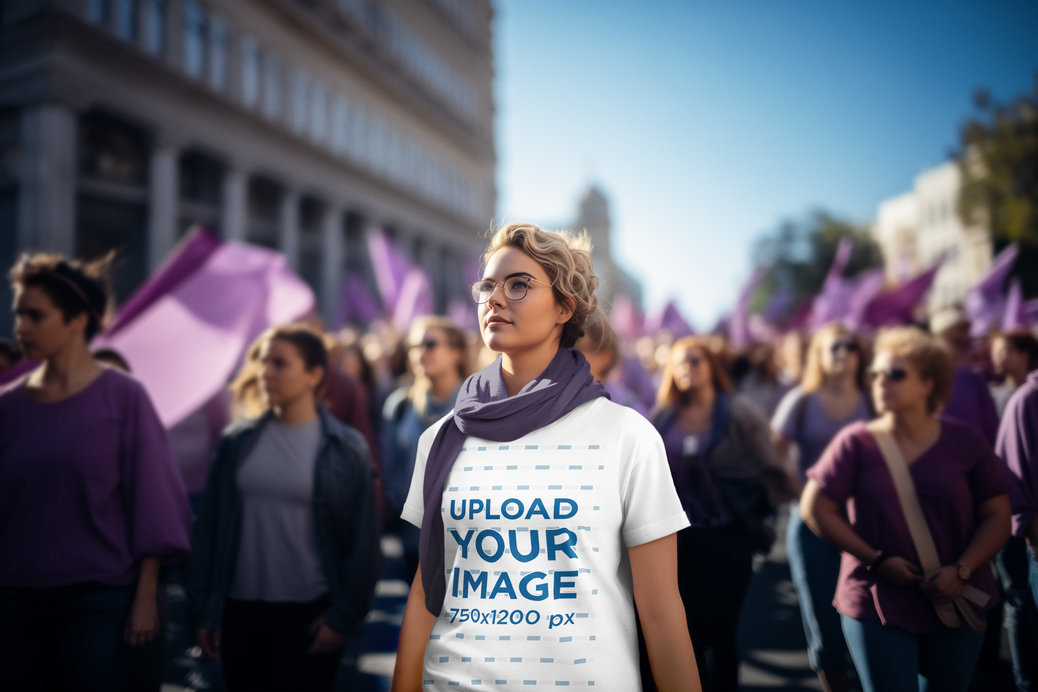 T-Shirt Mockup Featuring an AI-Created Woman in a Women's Day March