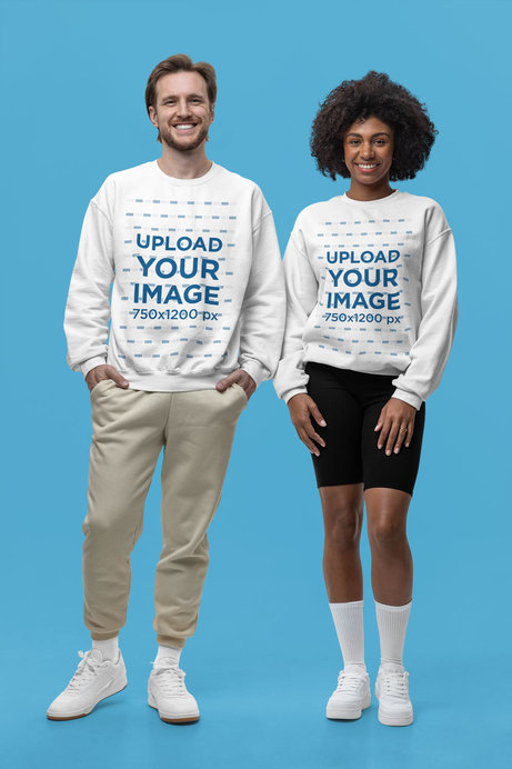 Gildan Sweatshirt Mockup of a Man and a Woman Standing Together in a Studio