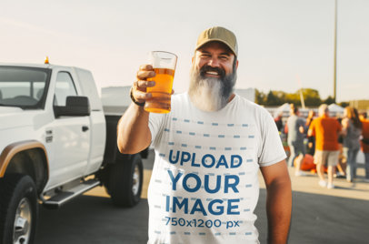 T-Shirt Mockup of an AI-Generated Man Holding a Drink at a Tailgate Party