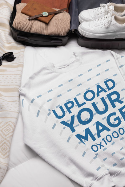 Gildan Sweatshirt Mockup Featuring a Travel Suitcase with Sneakers m37464