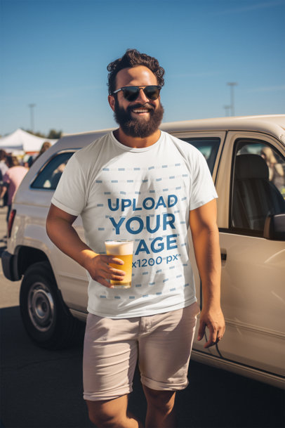 Crewneck Tee Mockup of a Bearded Man with Sunglasses Holding a Drink at a Tailgate Party