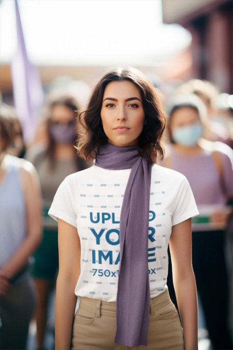 Mockup of an AI-Created Woman Wearing a Crewneck T-Shirt at a Women's Day March