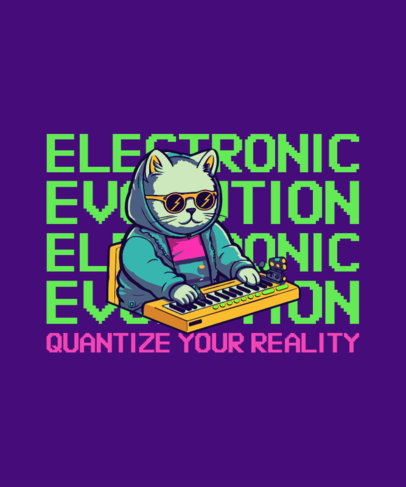 T-Shirt Design Maker Featuring a Cat Cartoon Playing a Synthesizer